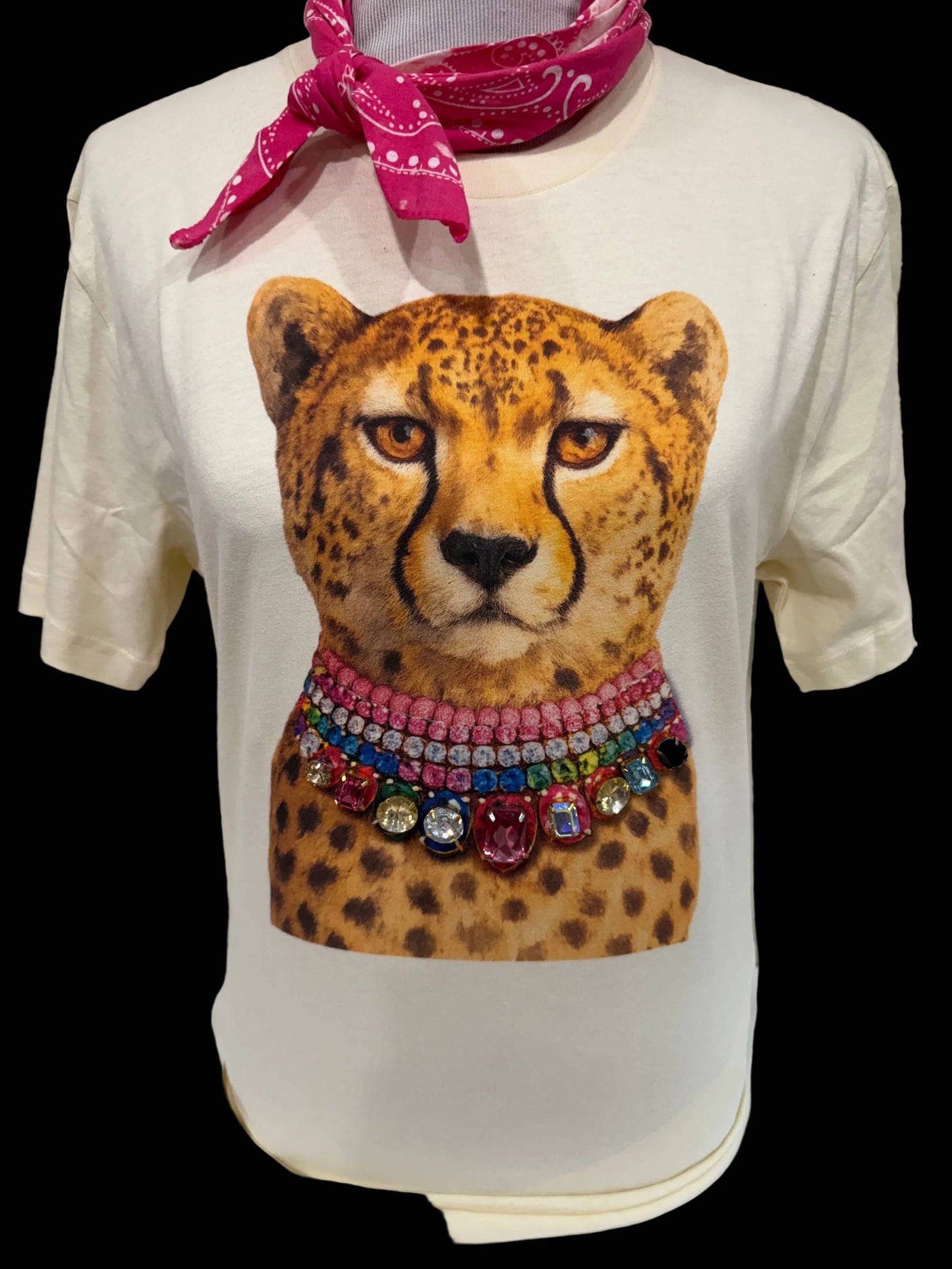 Jeweled Collar Leopard on Natural Crew w/ Bling