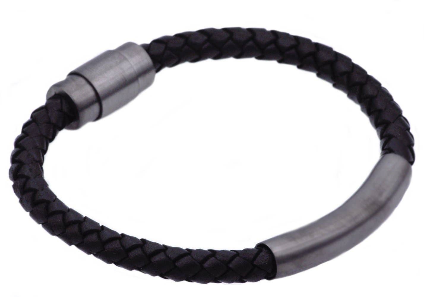 Men's Black Leather Gunmetal Stainless Steel ID Bracelet