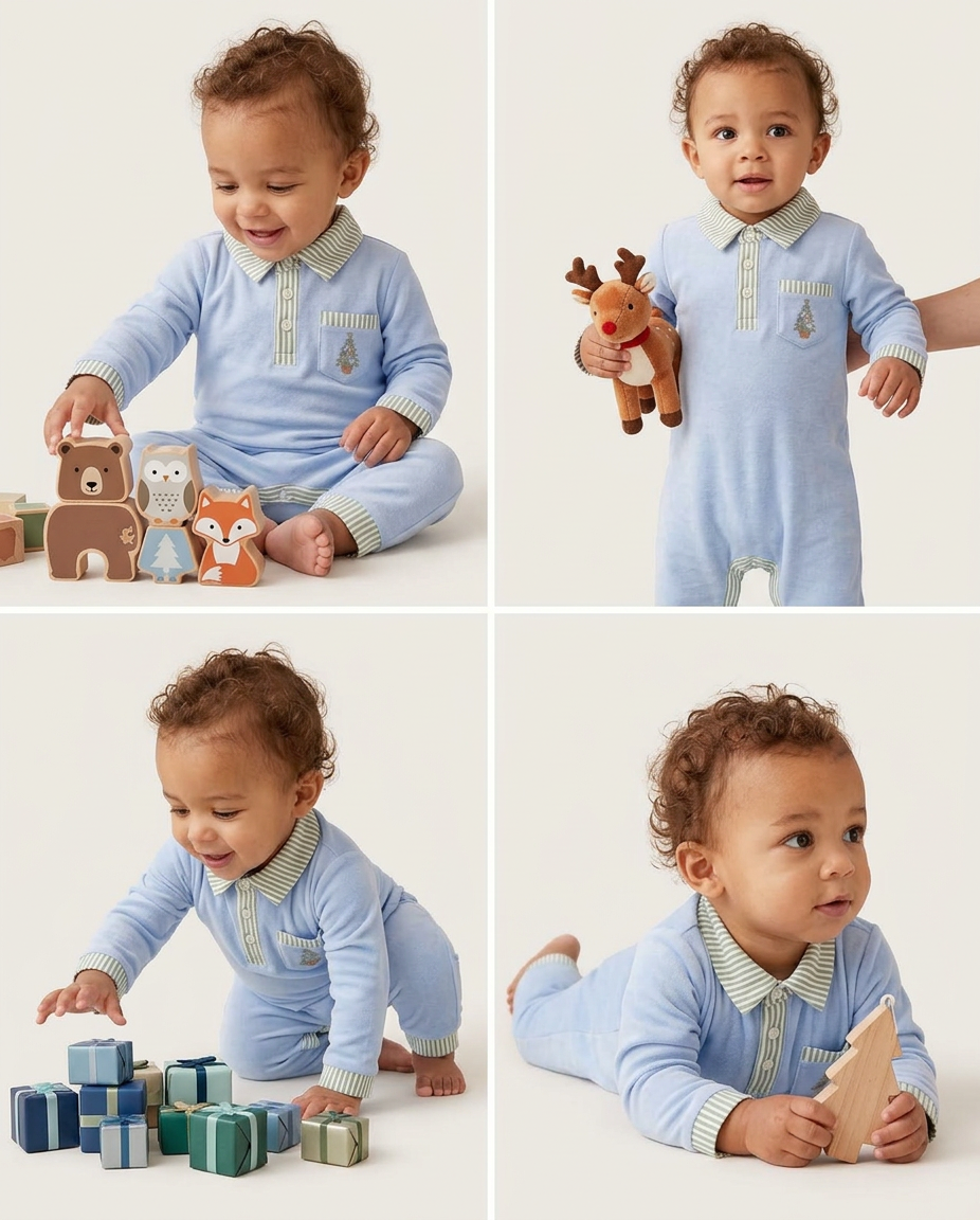 Coastal Christmas embroidered polo romper