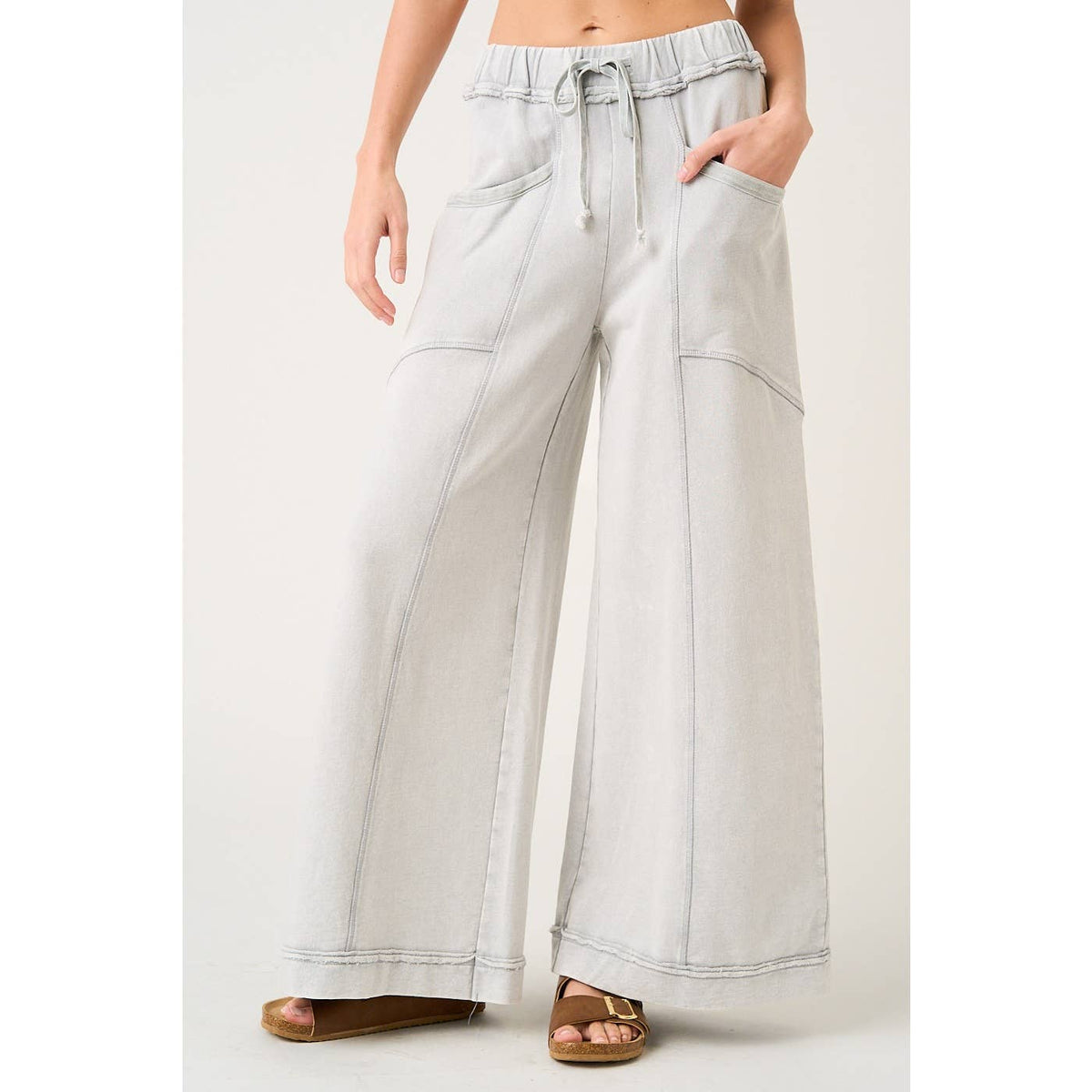 MINERAL WASH CURVED SEAM WIDE LEG PANTS