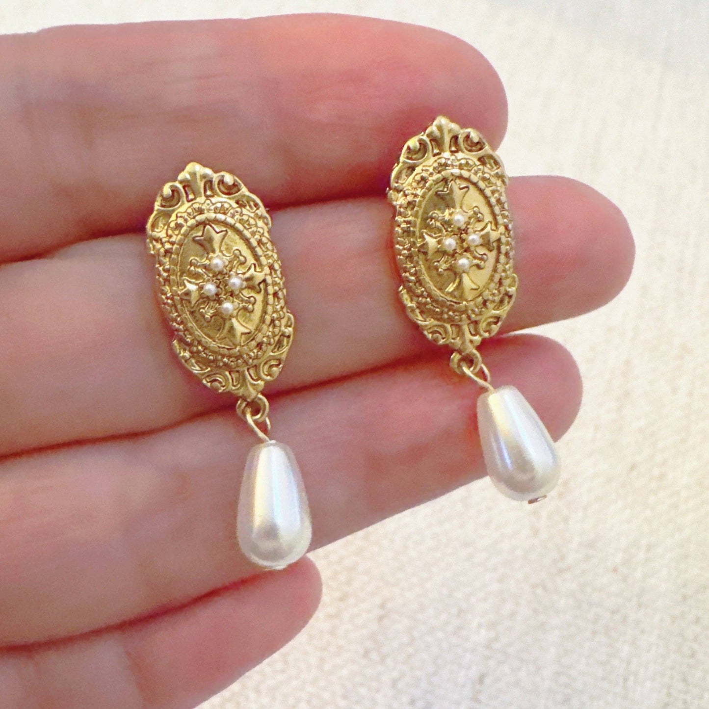 Vintage Cross Pearl Drop Earrings