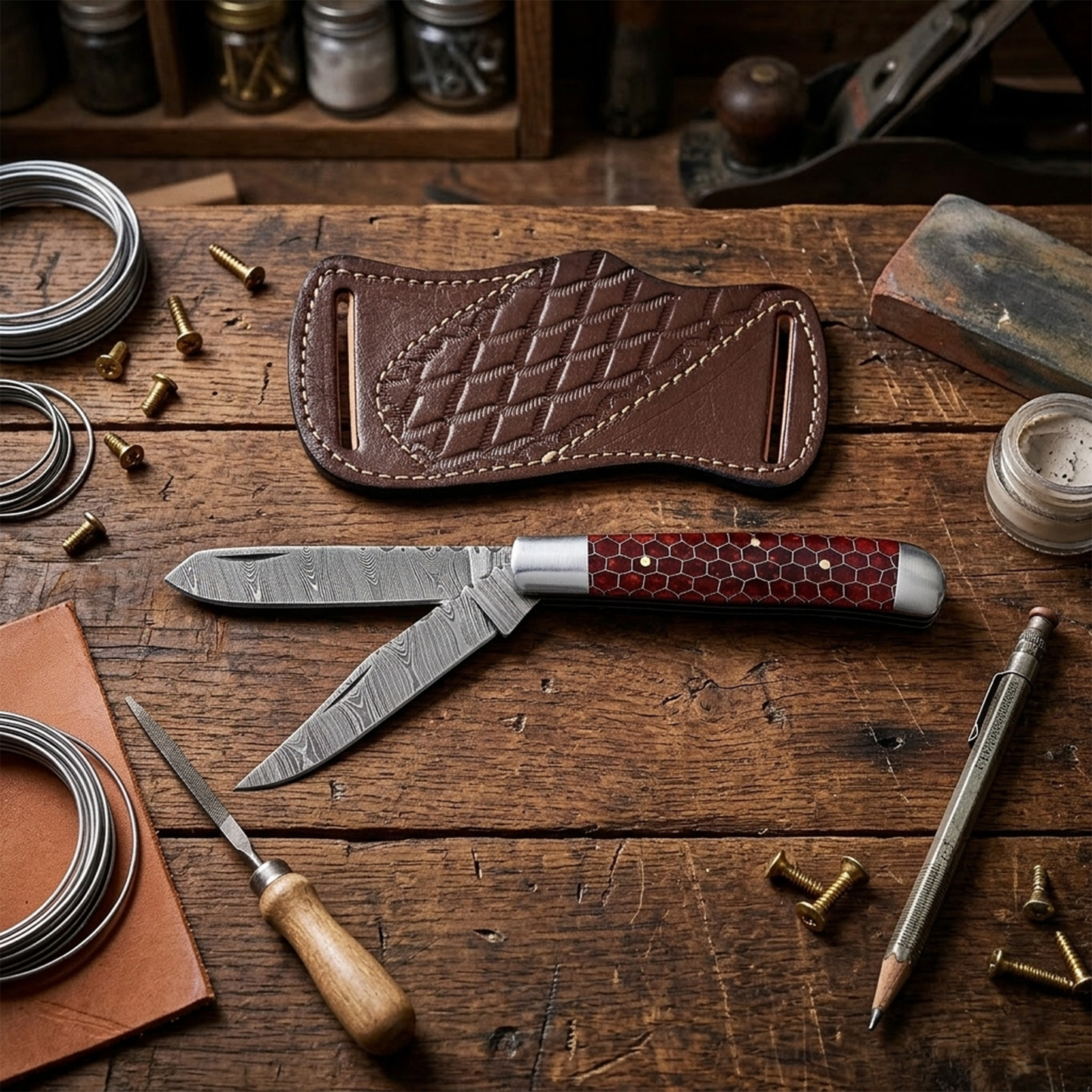 7.5' Handmade damascus pocket knife, Rancher's Choice