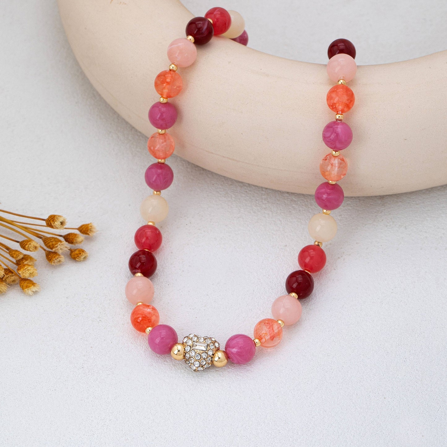 Rose & Berry Beaded  Heart Crystal Ball Necklace
