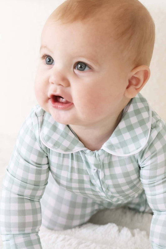 Peter Pan Collar Zipper Footie | Moss Gingham