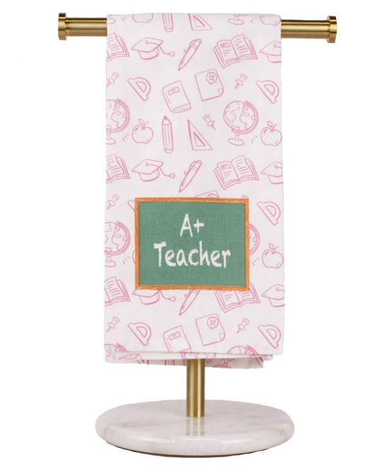 A Plus Teacher Hand Towel   White/Pink/Green   20x28