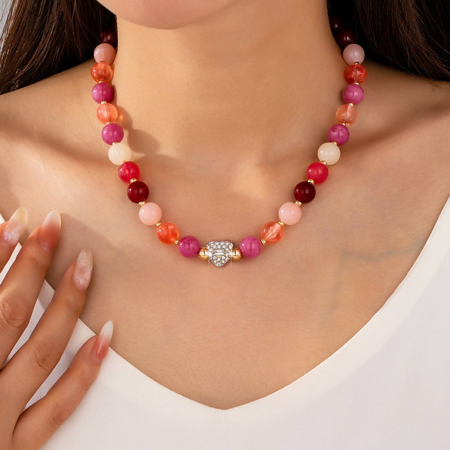 Rose & Berry Beaded  Heart Crystal Ball Necklace