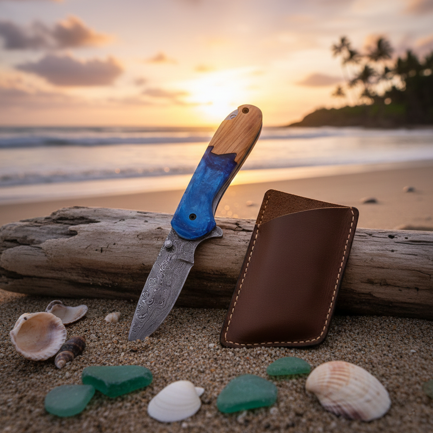 7.0' Damascus Sea Shore themed folding knife, Pocket Knife