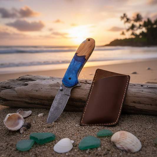 7.0' Damascus Sea Shore themed folding knife, Pocket Knife