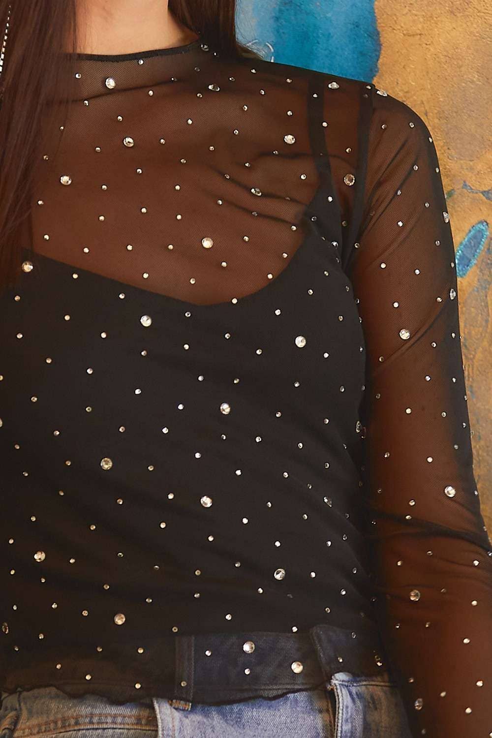 Rhinestone Long Sleeve Mesh Top