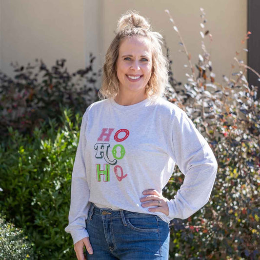 Women's  HoHoHo Long Sleeve Crew Neck T-Shirt   Heathered White/Multi   -Asst.