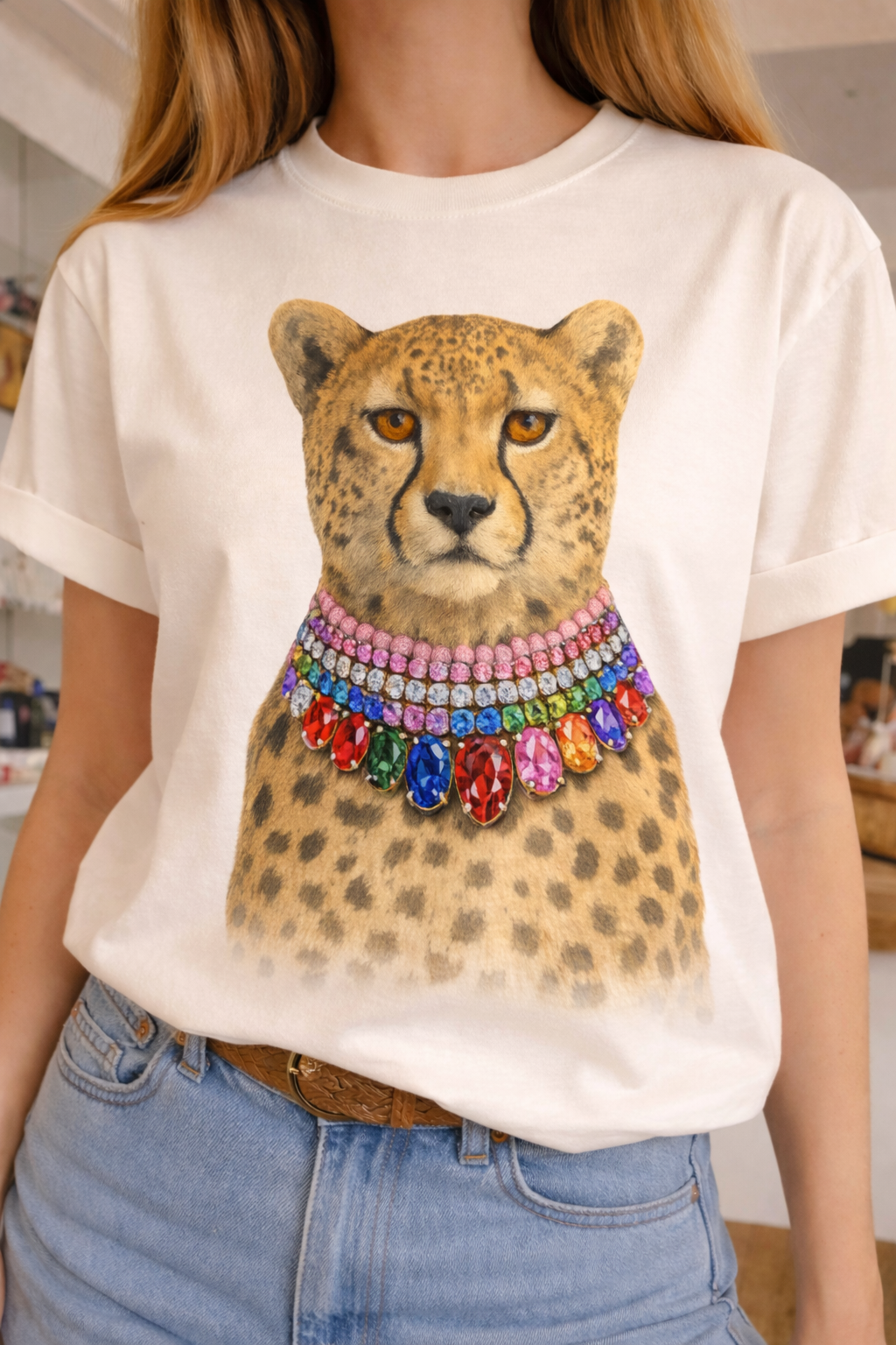Jeweled Collar Leopard on Natural Crew w/ Bling