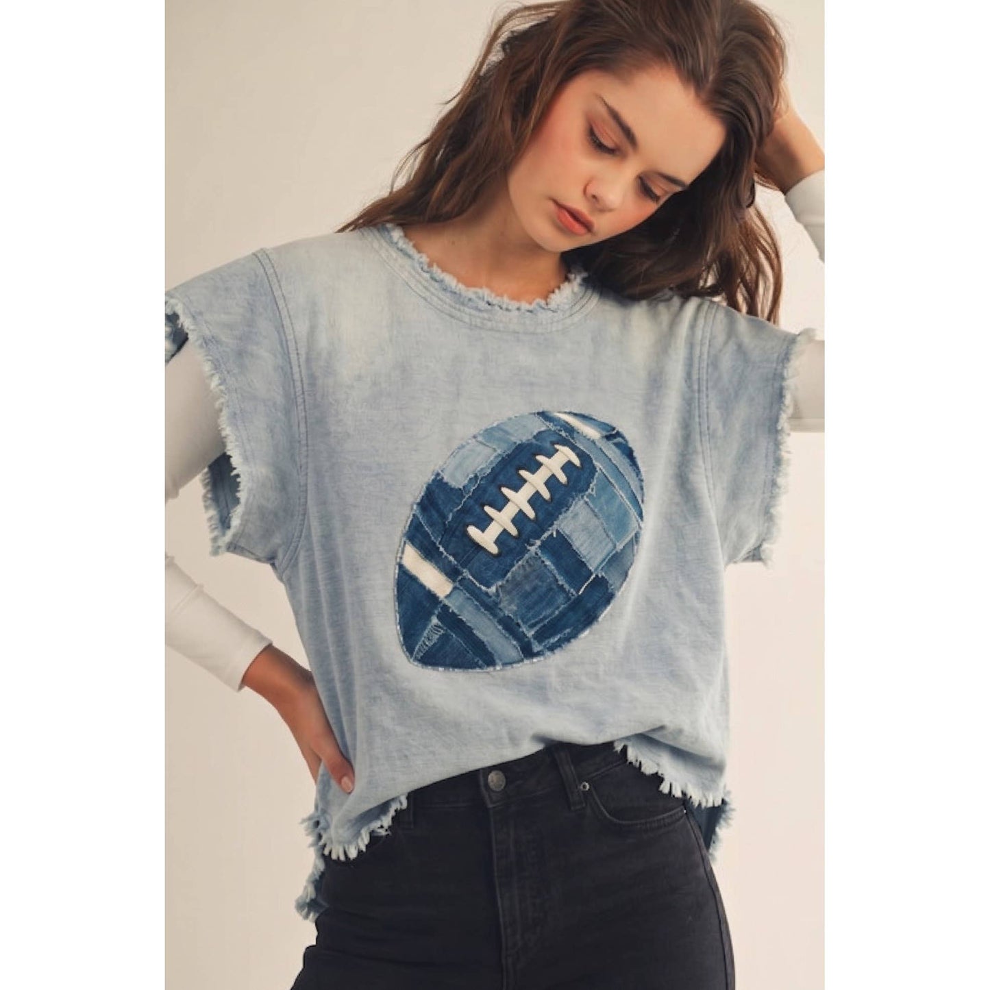 Game Day Retro Denim Football Patch Top