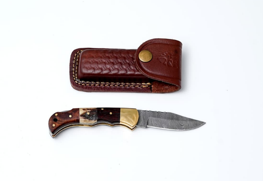 POCKET KNIFE WALNUT WOOD & STAG 6.5'' DAMASCUS STEEL