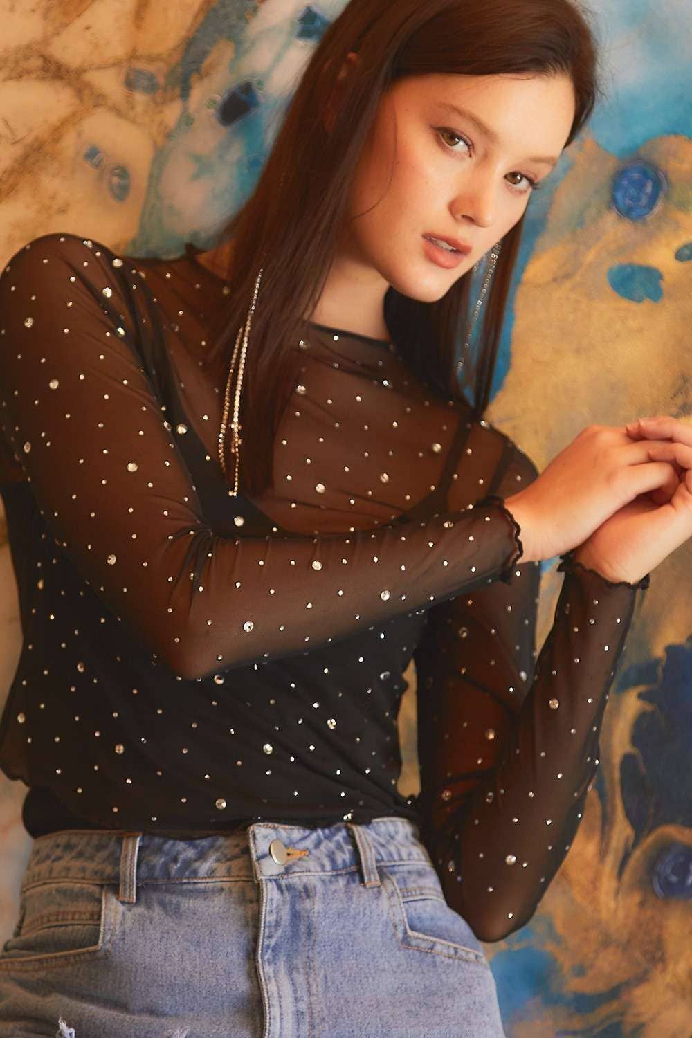 Rhinestone Long Sleeve Mesh Top