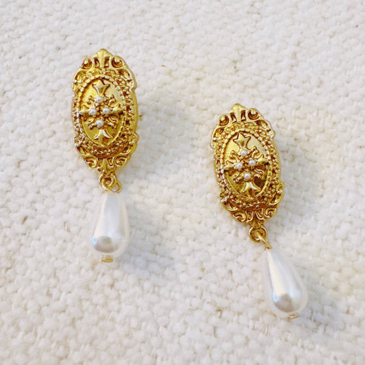 Vintage Cross Pearl Drop Earrings