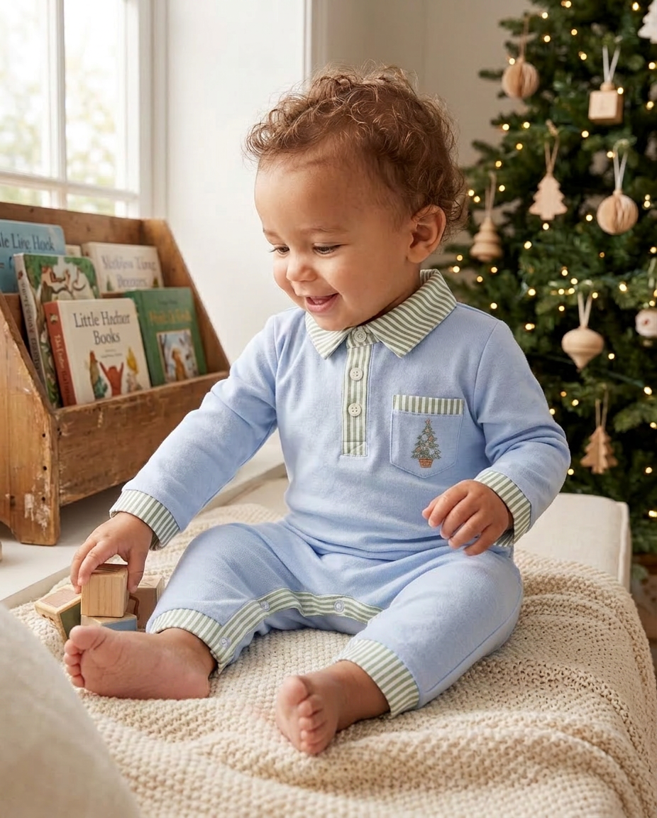 Coastal Christmas  embroidered polo romper