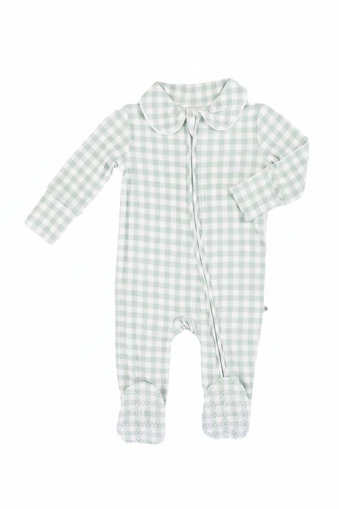 Peter Pan Collar Zipper Footie | Moss Gingham