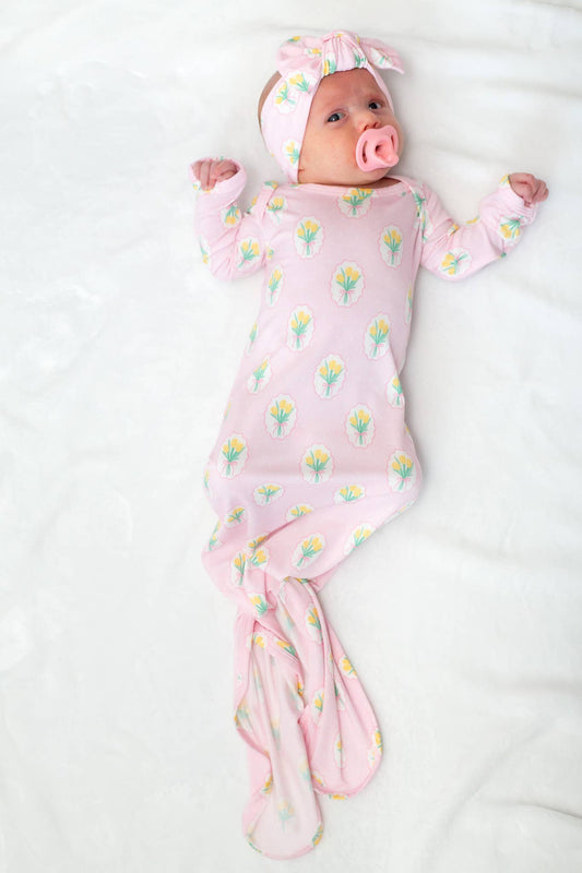 Fancy Tulips (Cottage Pink) Knotted Infant Gown