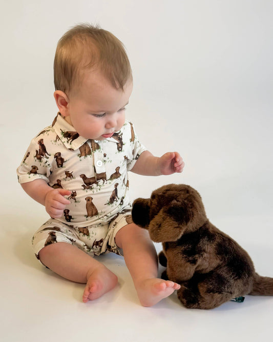 Chocolate Lab Dogs - SS Polo Romper
