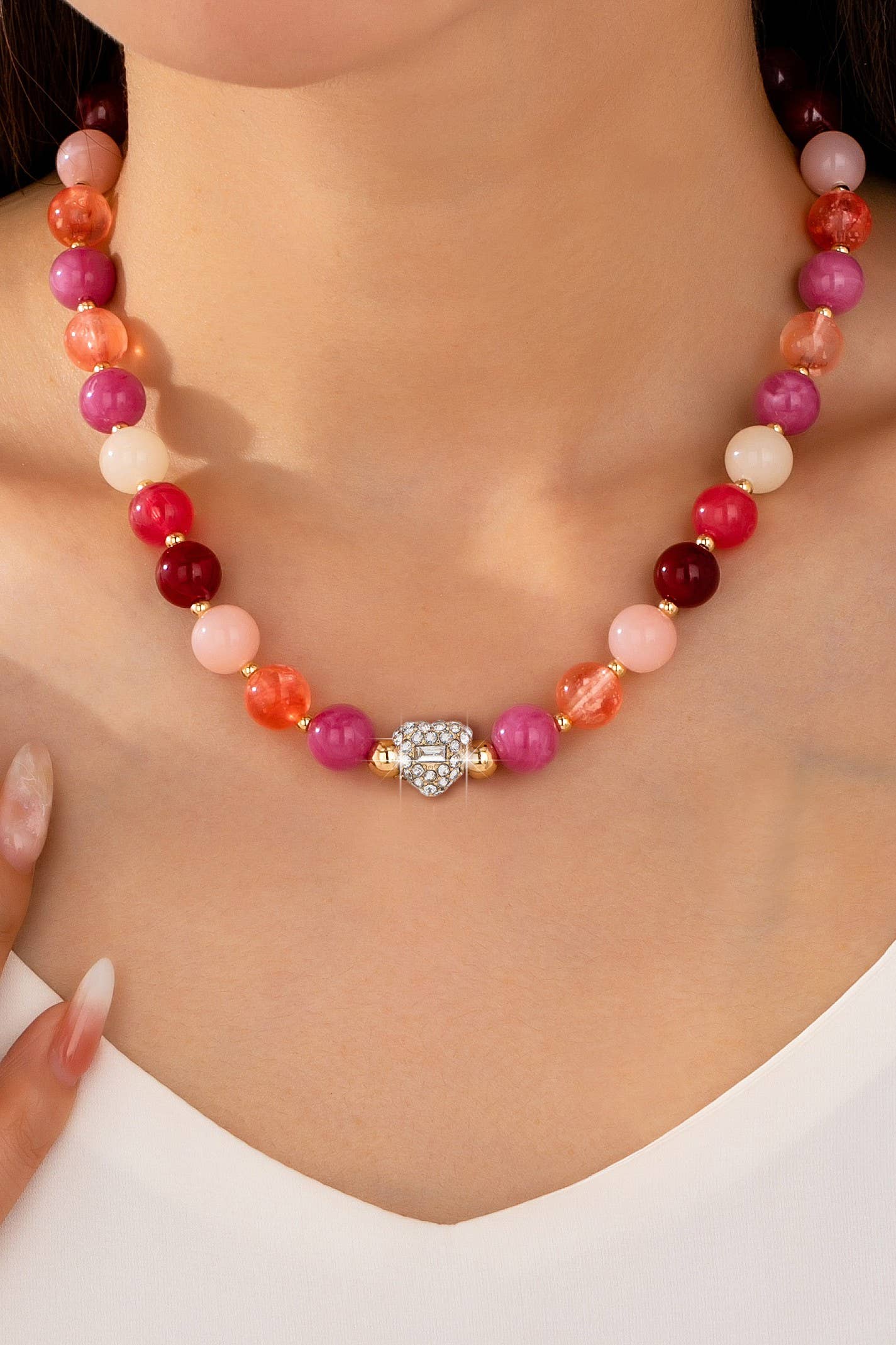 Rose & Berry Beaded  Heart Crystal Ball Necklace