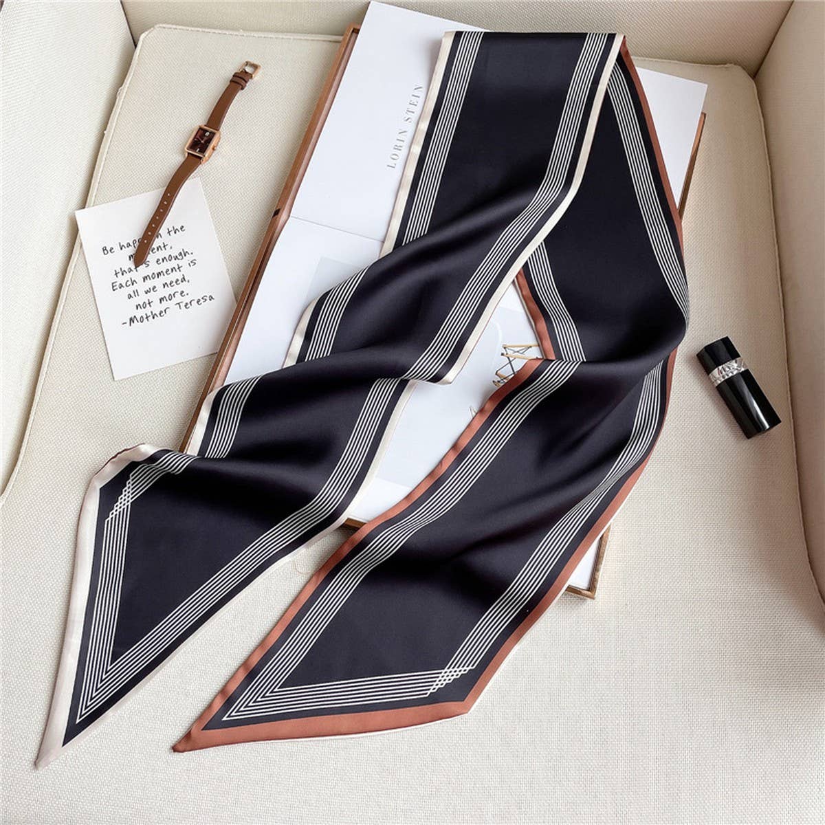 THIN SIMPLE GEOMETRIC LONG SILK SCARF