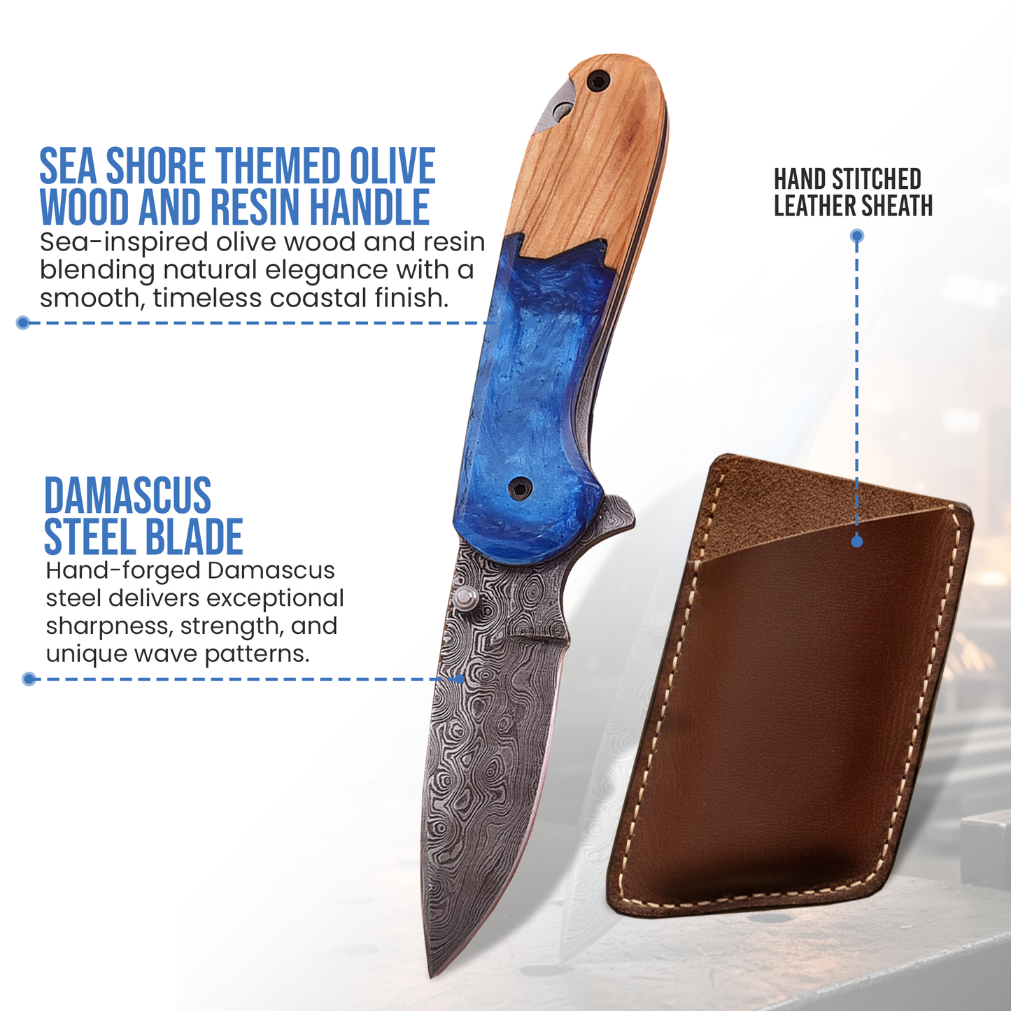 7.0' Damascus Sea Shore themed folding knife, Pocket Knife
