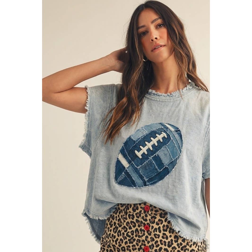 Game Day Retro Denim Football Patch Top