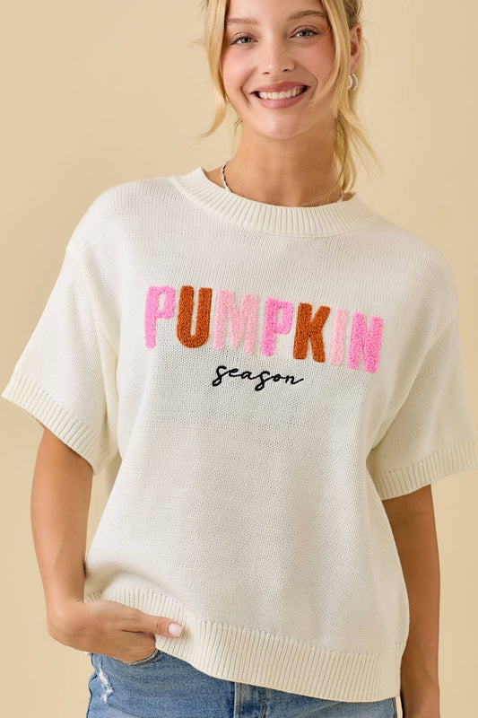 Pumpkin Season Embroidered Short Sleeve Sweater