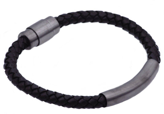 Men's Black Leather Gunmetal Stainless Steel ID Bracelet