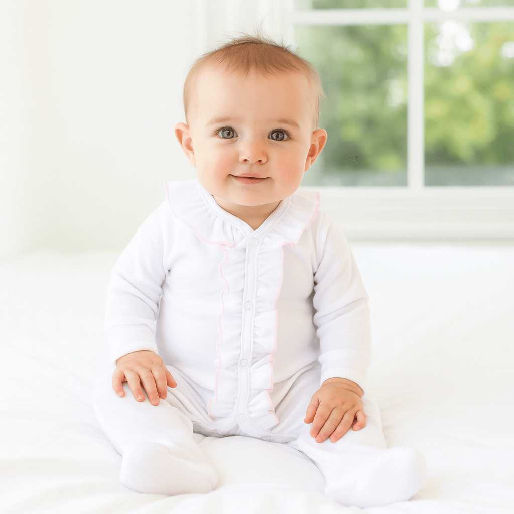 Baby Girl White Ruffle Footie with Pink Trim - Soft Pima Cotton