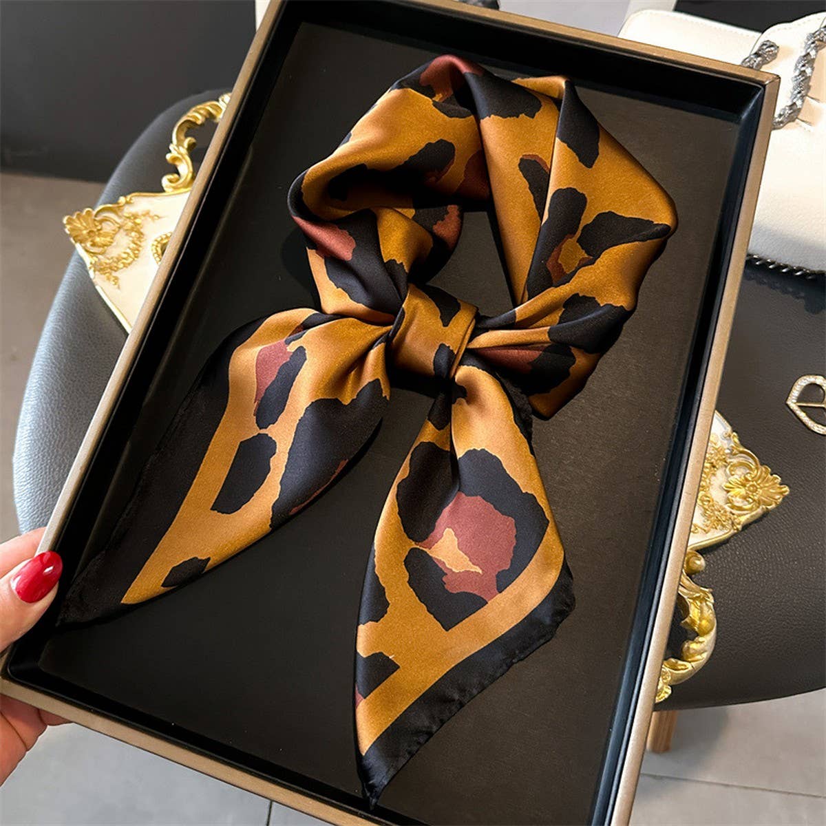Leopard Print Satin Square Scarf