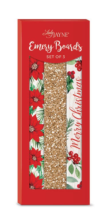 Glitter Emery Board Set Of 3 Poinsettia Holly Berries