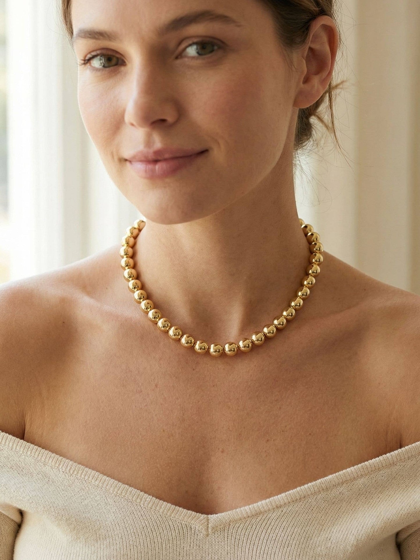 10K Gold Plated Metal Beaded Tennis Necklace, 16-20in