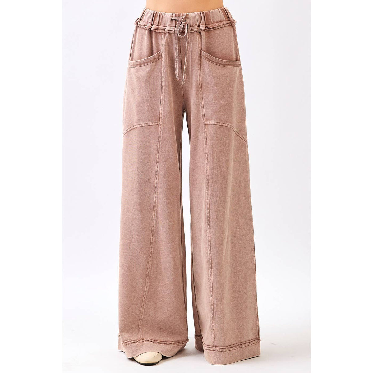 MINERAL WASH CURVED SEAM WIDE LEG PANTS