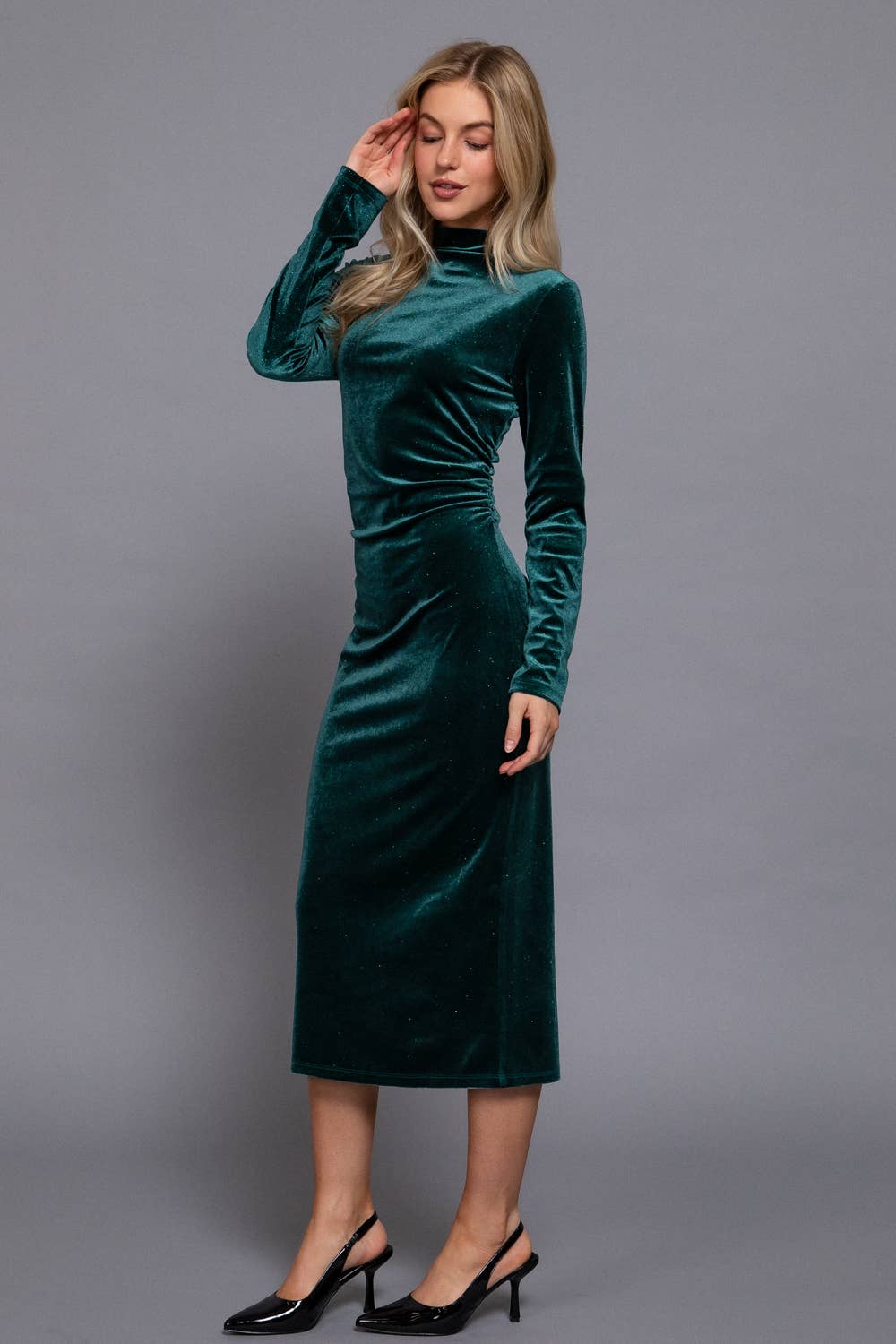 Long Sleeve High Neck Shirring Glitter Velvet Long Dress