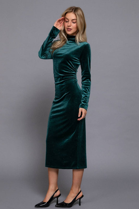 Long Sleeve High Neck Shirring Glitter Velvet Long Dress