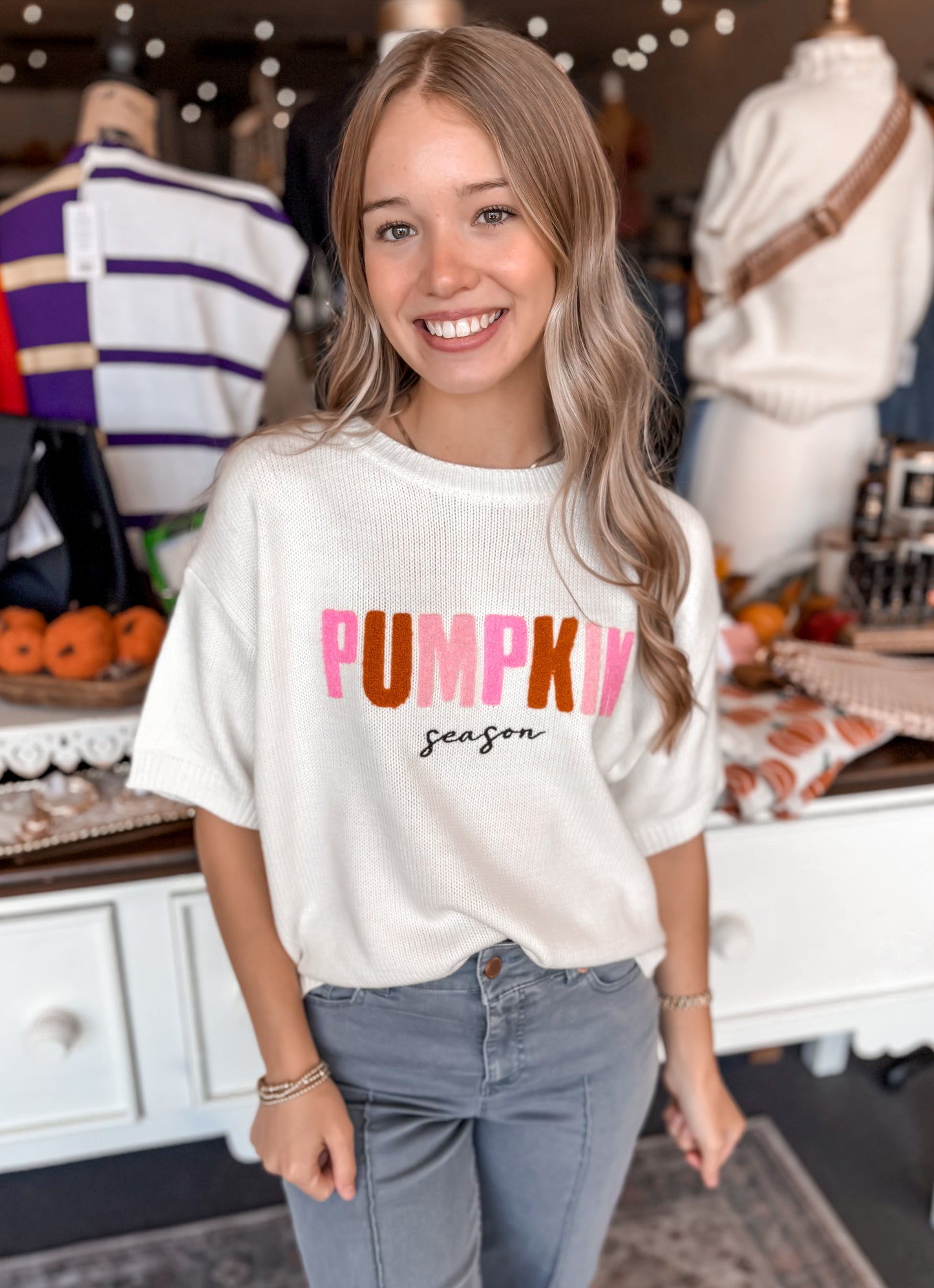 Pumpkin Season Embroidered Short Sleeve Sweater