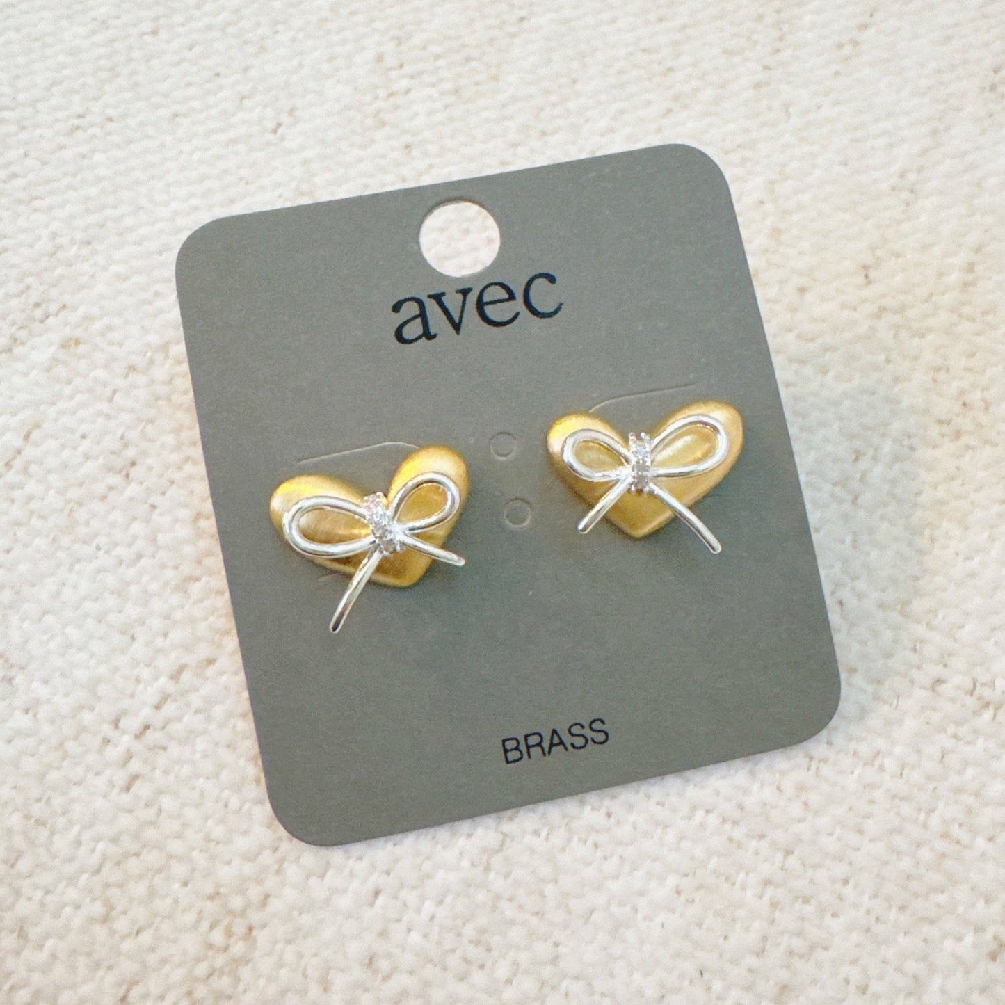 Gold Heart Bow Stud Earrings – Elegant Mixed-Metal Studs with Silver Bow Detail