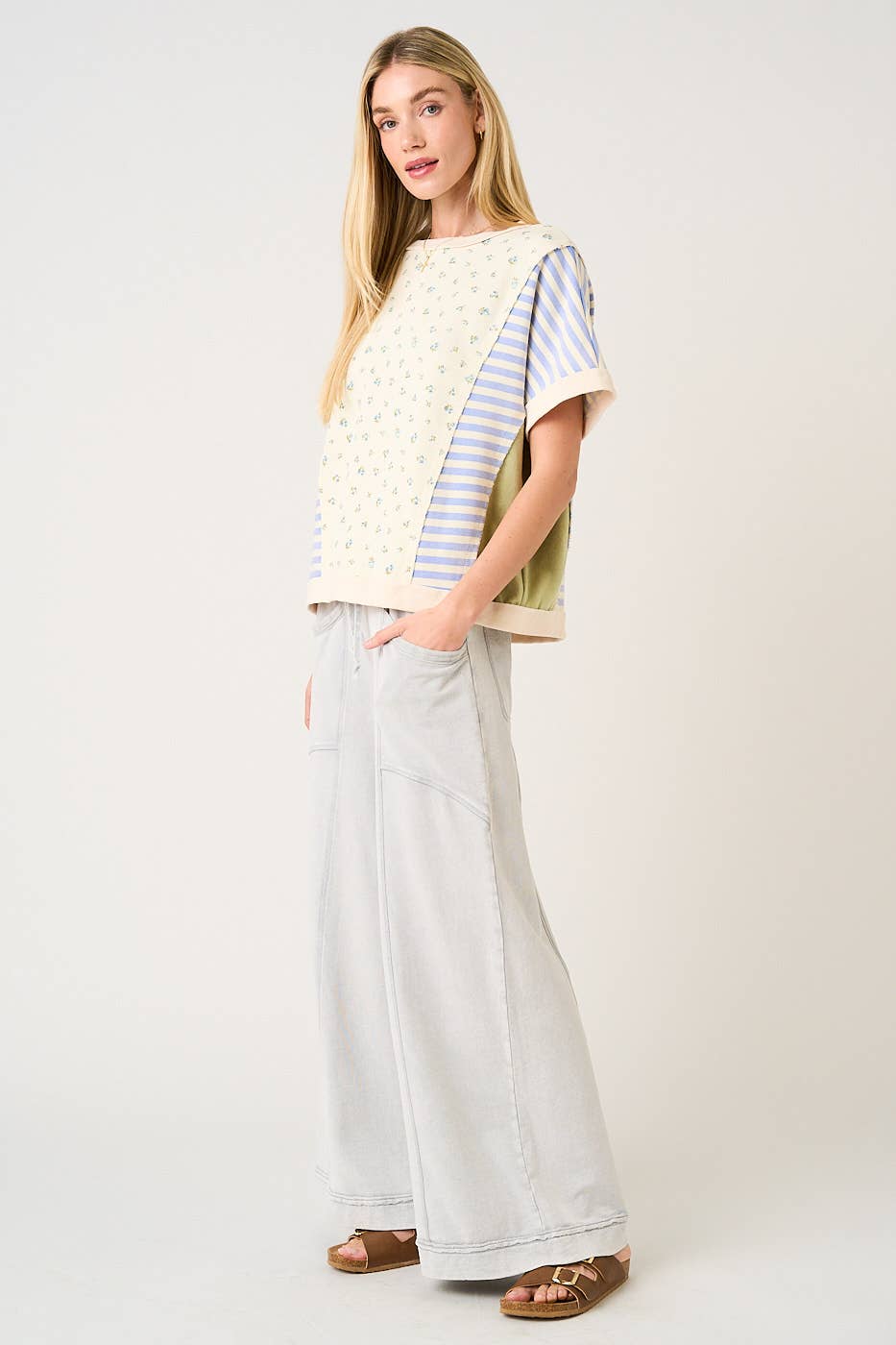 MINERAL WASH CURVED SEAM WIDE LEG PANTS