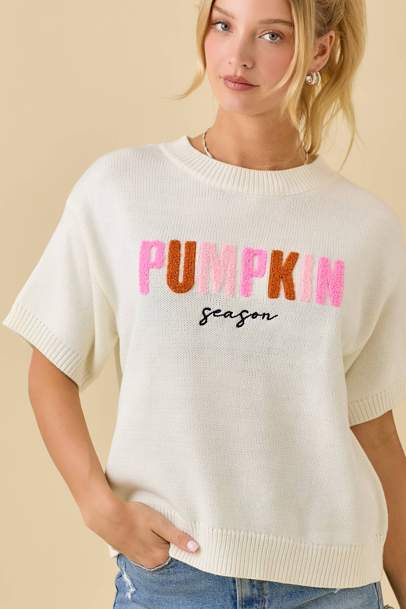 Pumpkin Season Embroidered Short Sleeve Sweater