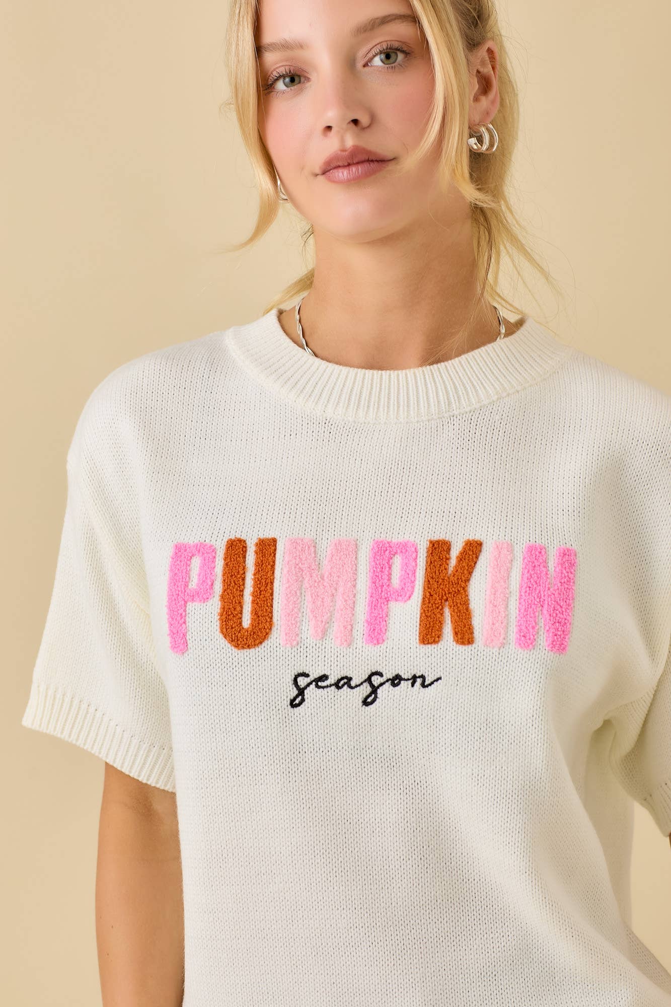 Pumpkin Season Embroidered Short Sleeve Sweater