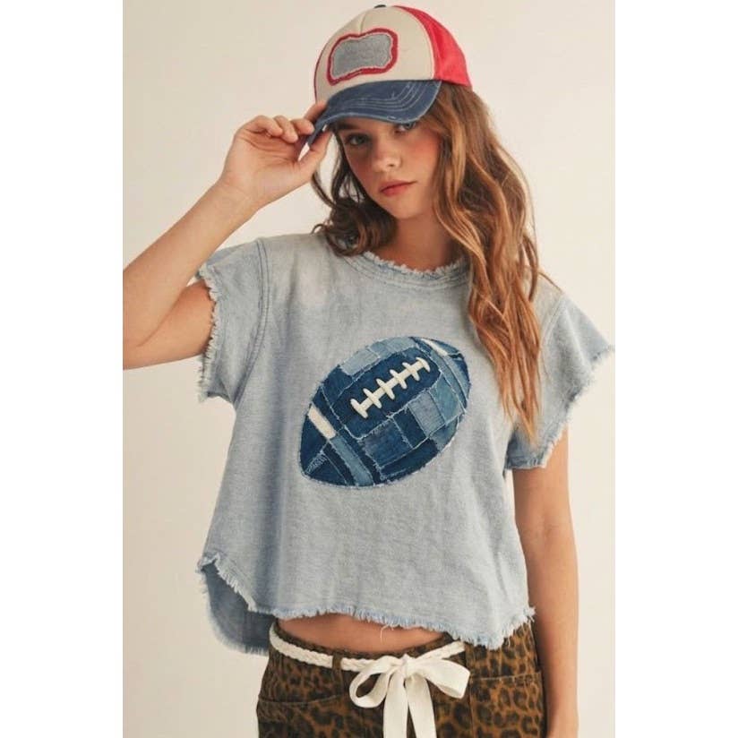 Game Day Retro Denim Football Patch Top