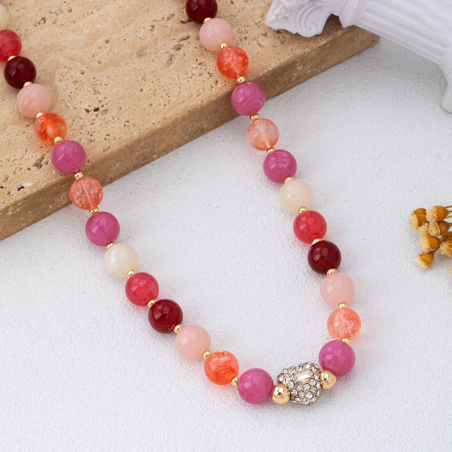Rose & Berry Beaded  Heart Crystal Ball Necklace
