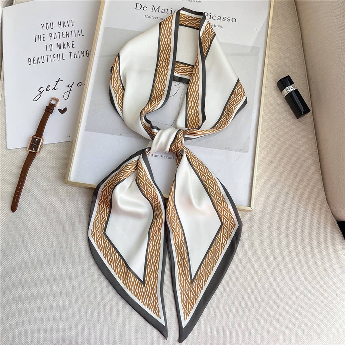 THIN SIMPLE GEOMETRIC LONG SILK SCARF