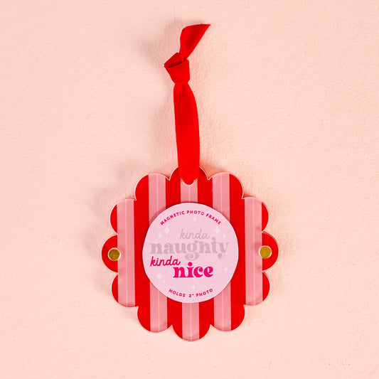Scalloped Round Picture Frame Ornament-Peppermint Stripes