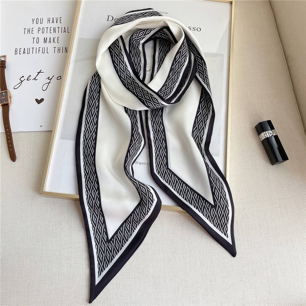 THIN SIMPLE GEOMETRIC LONG SILK SCARF