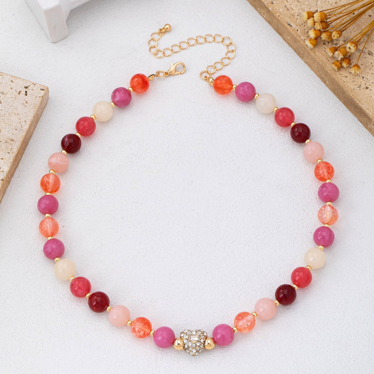Rose & Berry Beaded  Heart Crystal Ball Necklace