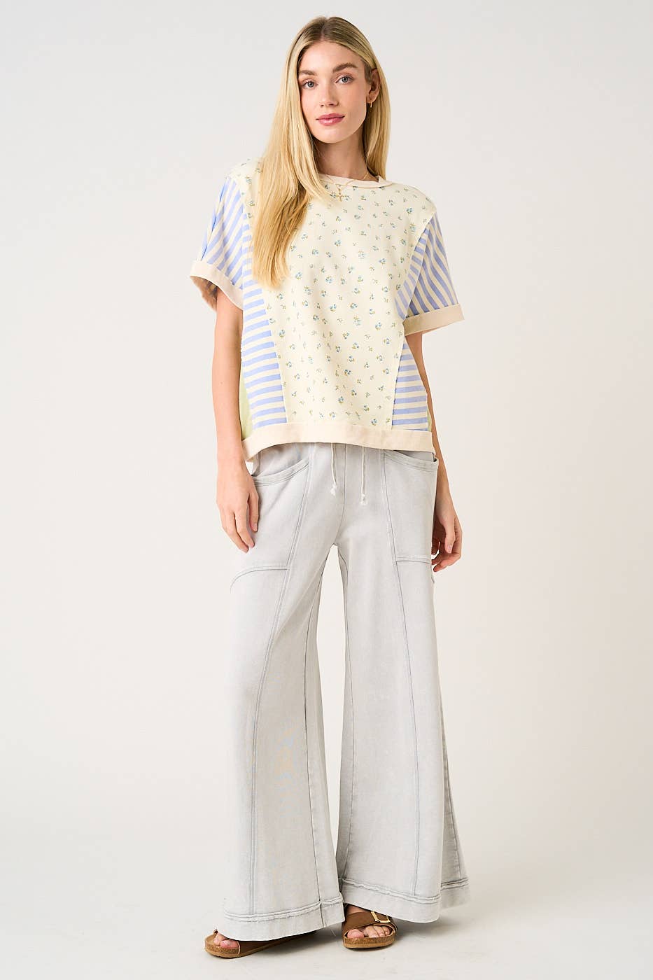 MINERAL WASH CURVED SEAM WIDE LEG PANTS
