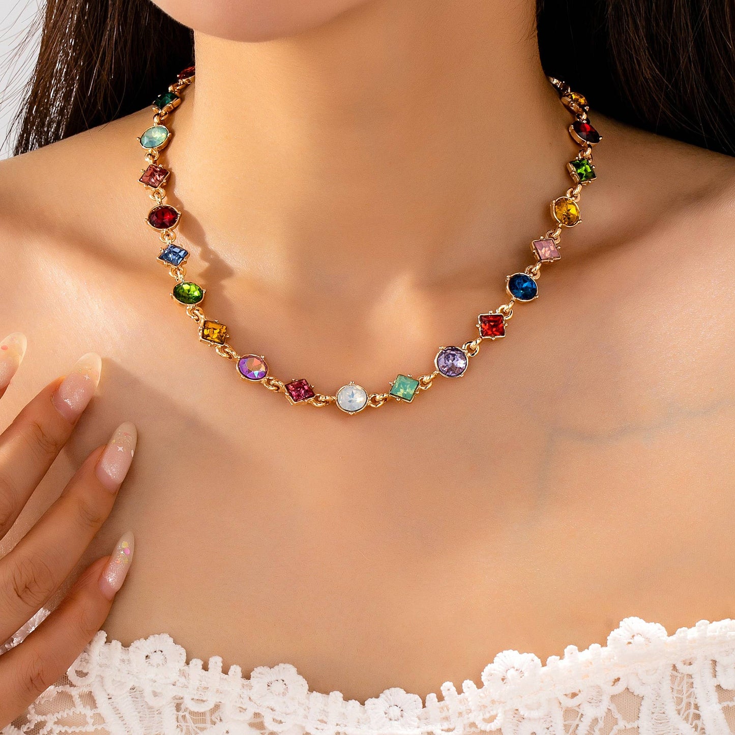 Multicolored Mixed-Shape Crystal Necklace