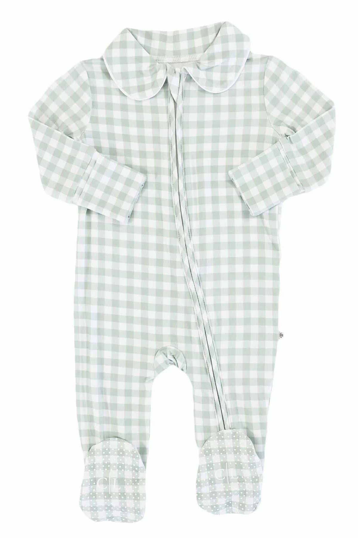 Peter Pan Collar Zipper Footie | Moss Gingham